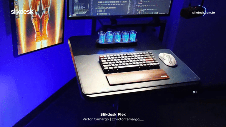 mesa flex 1 na cor preta com suporte de monitor mouse e telcado