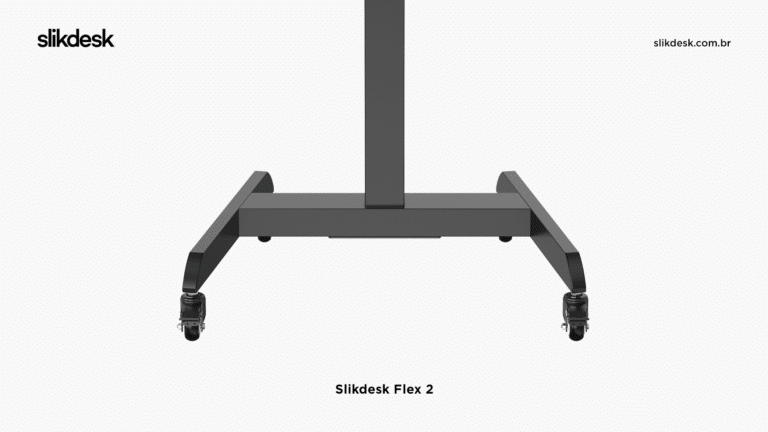 imagem com detalhe da base metálica da slikdesk flex 2 preta no fundo branco. A base possui uma coluna com duas bases paralelas com rodizios.