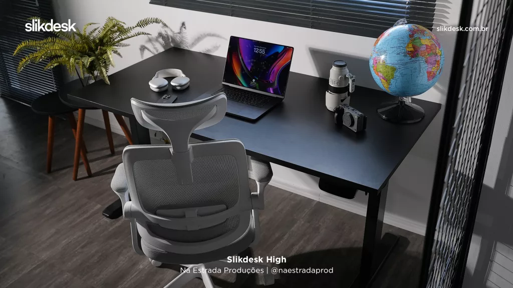 Escritório organizado com mesa Slikdesk e acessórios ergonômicos