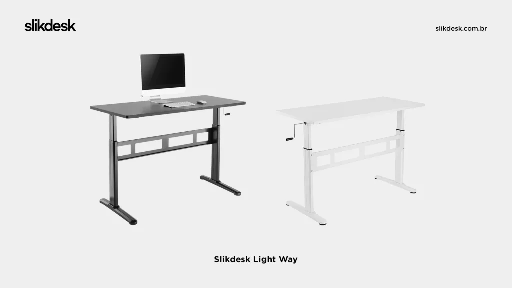Slikdesk Light Way: praticidade do início ao fim. Uma mesa com regulagem de altura que não depende de conexão elétrica e é fácil de ajustar.
